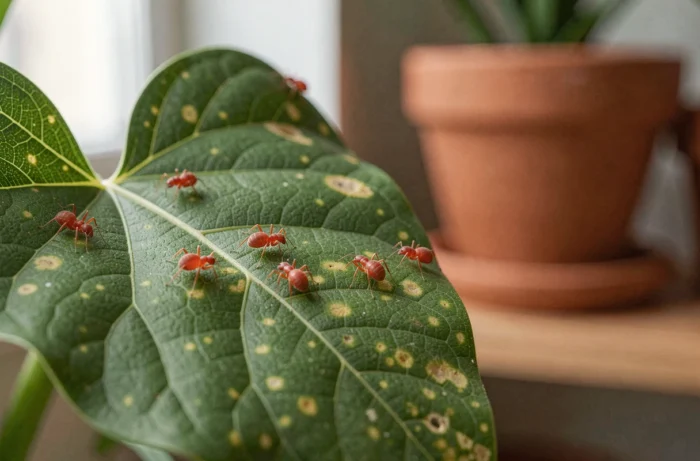 Vue macro de plusieurs acariens rouges de 1 mm sur une feuille de plante verte d'intérieur avec dommages visibles