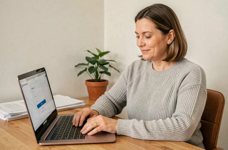 Femme accédant à son espace bénéficiaire Logisfil sur un ordinateur portable depuis son bureau à domicile
