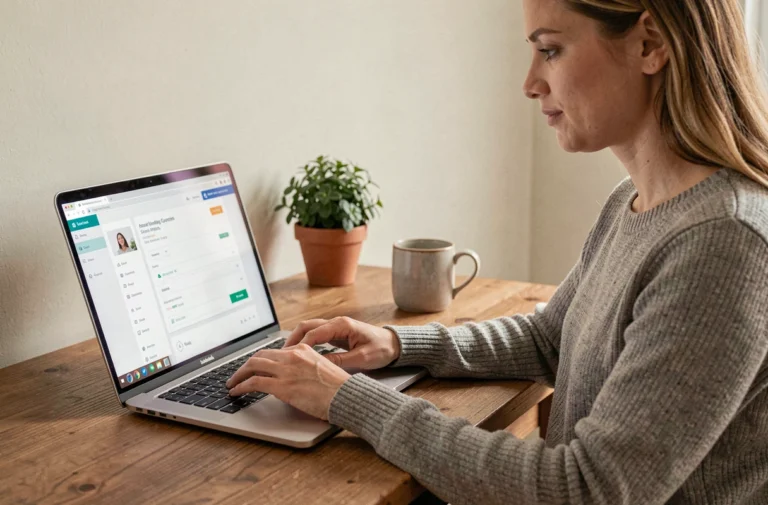 Femme connectée à son espace client en ligne sur un ordinateur portable dans un bureau à domicile