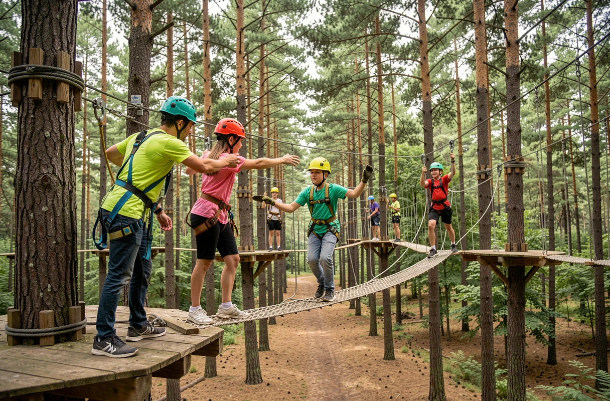 Famille avec enfants en pleine activité accrobranche dans une forêt de pins avec harnais colorés