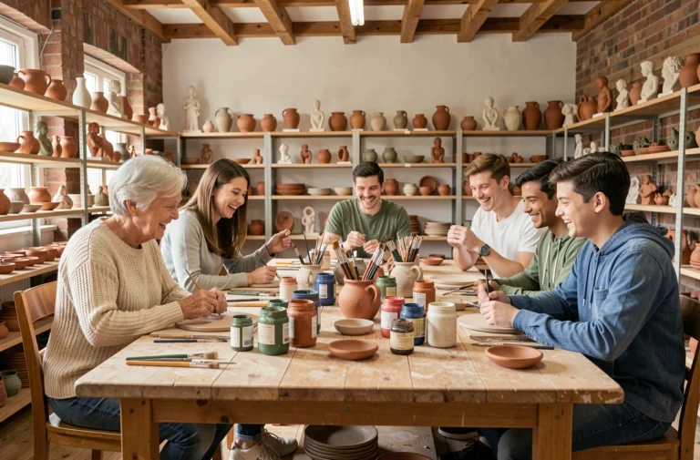 Famille multigénérationnelle faisant de la poterie ensemble dans un atelier artisanal convivial