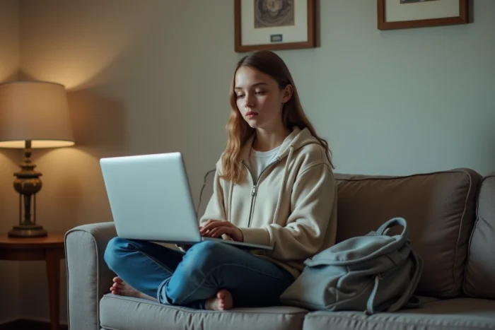 Adolescente utilisant un ordinateur portable d'occasion sur un canapé dans un salon ordinaire