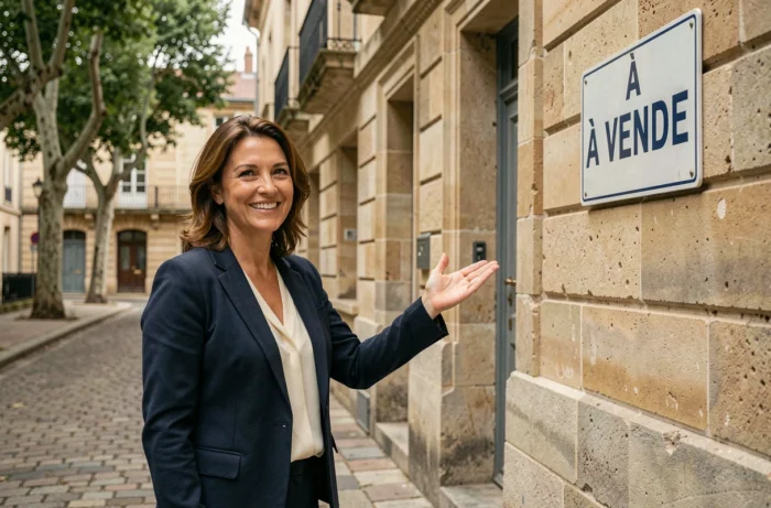 Agent immobilière locale devant une façade en pierre limousine avec panneau À Vendre à Limoges