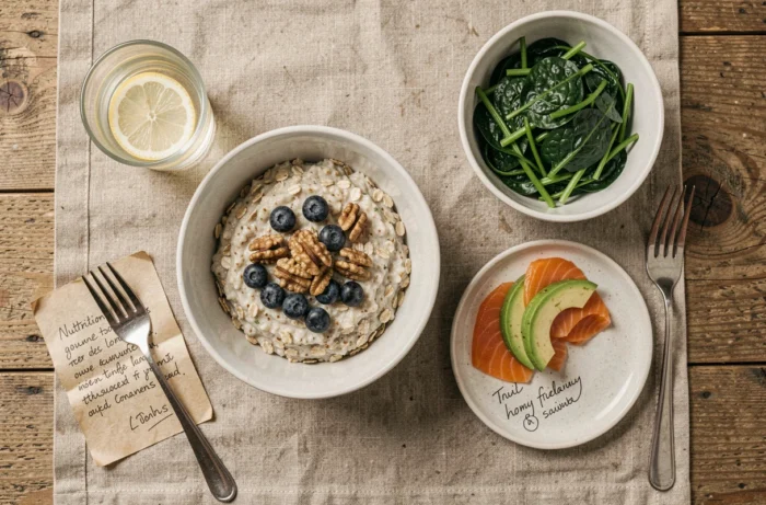 Plateau repas anti-inflammatoire avec avoine, saumon, avocat et épinards pour traitement à la cortisone