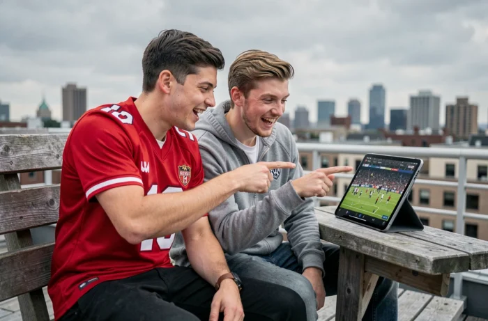 Deux amis regardant un match de foot en streaming en direct sur une tablette en terrasse
