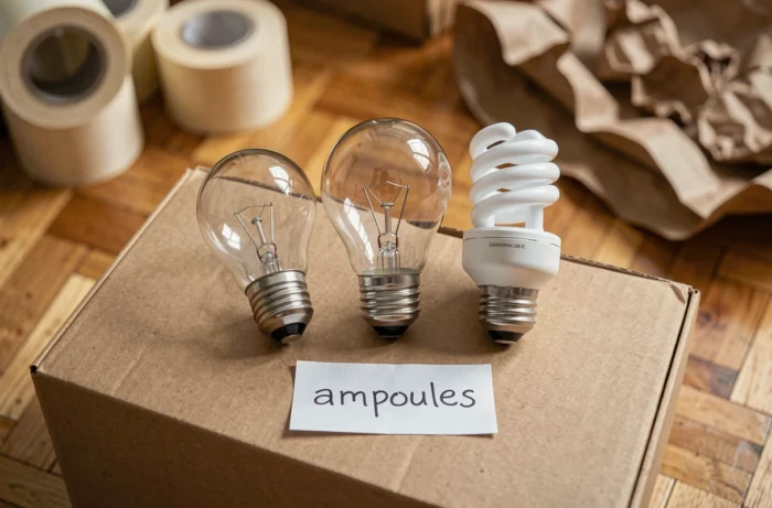 Ampoules de différents types posées sur un carton de déménagement avec étiquette manuscrite
