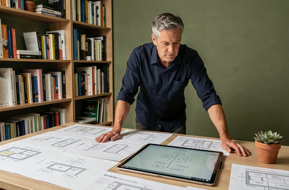 Man analyzing the navigation architecture of a website with printed diagrams on a home office desk