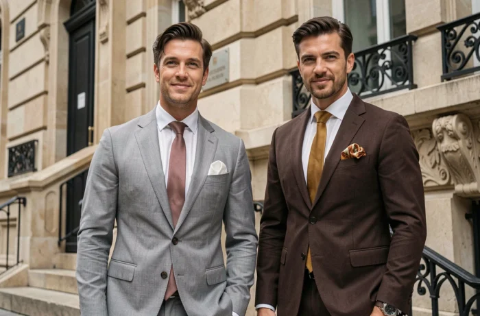 Deux hommes en costume devant un immeuble haussmannien parisien illustrant deux façons différentes d'assortir cravate et pochette