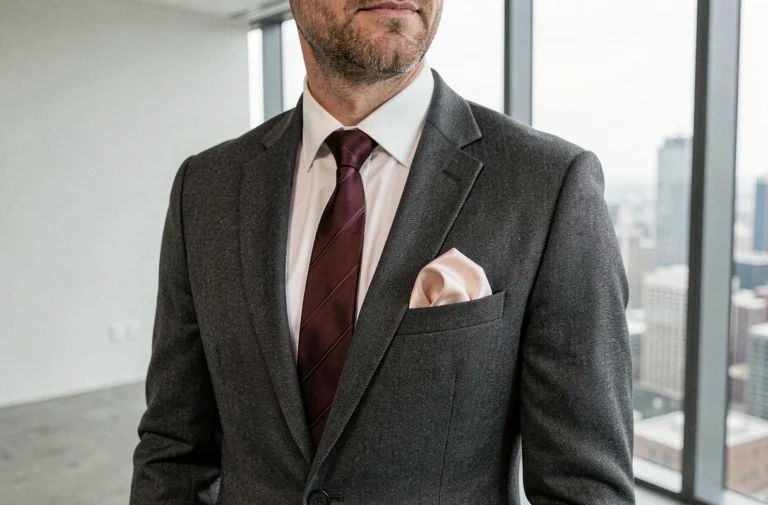 Homme en costume gris anthracite portant une cravate bordeaux et une pochette assortie, debout devant une fenêtre avec vue sur la ville