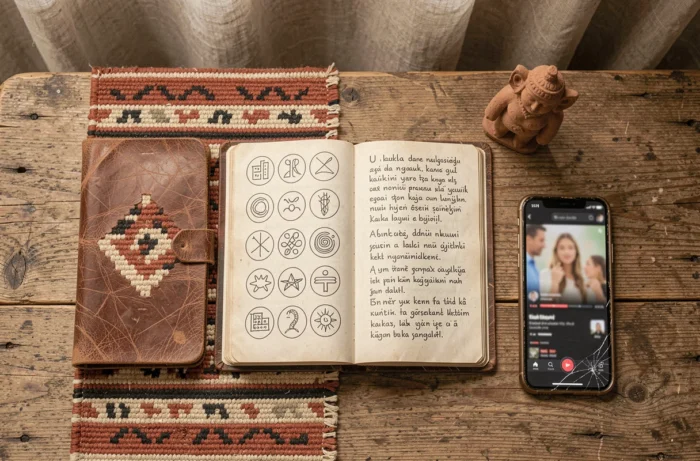 Mise en scène éditoriale avec journal de symboles, figurine néolithique et tissu turc kilim illustrant la série Atiye saison 4