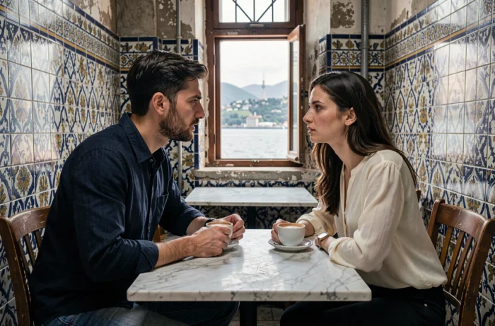 Homme et femme en discussion tendue dans un café d'Istanbul avec vue sur le Bosphore, atmosphère mystérieuse inspirée de la série Atiye