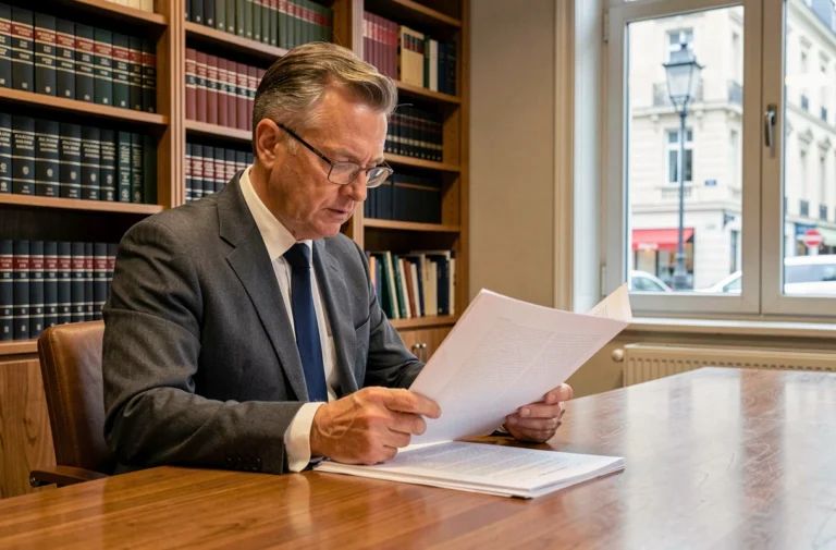 Avocat en costume gris étudiant un document juridique dans un cabinet d'avocat parisien, illustration de l'article 46 du Code de procédure civile