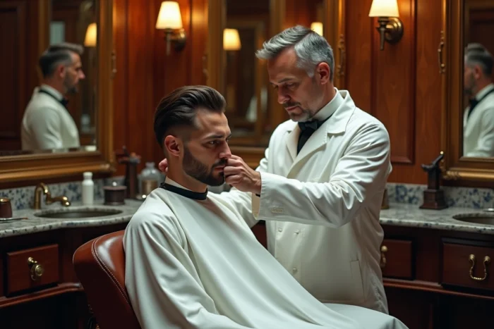 Barbier professionnel réalisant une coupe mafia italienne mi-long sur un client dans un salon de coiffure vintage au style classique