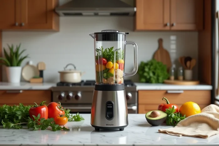 Blender professionnel haut de gamme posé sur un plan de travail en marbre entouré d'ingrédients frais