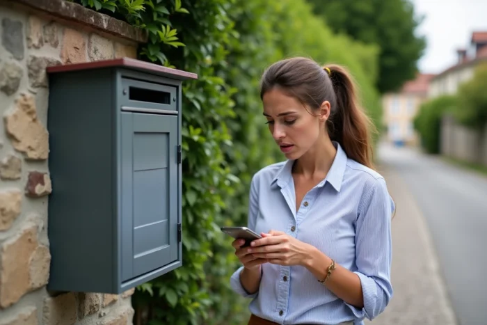 Femme vérifiant une boîte aux lettres vide en attendant son magazine Télé Z non livré