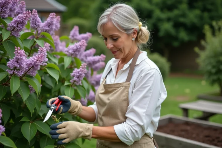 Femme jardinière prélevant une bouture de lilas avec un sécateur dans un jardin fleuri en été