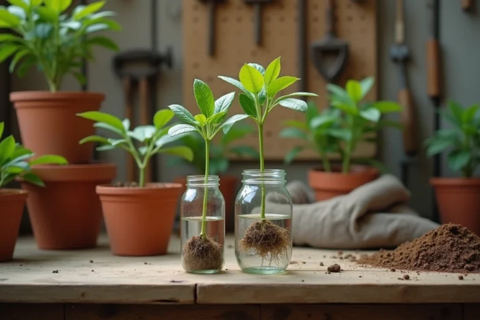 Esquejes de lila en un frasco de vidrio con formación de raíces sobre una mesa de jardín de madera
