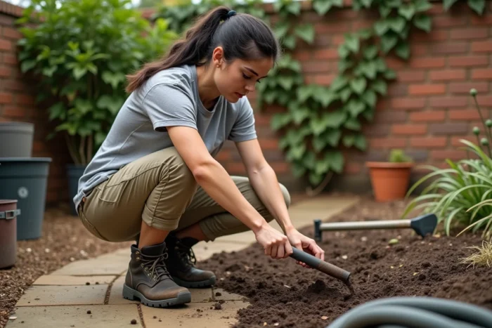 Femme utilisant un scarificateur pour briser une terre compacte dans un jardin urbain