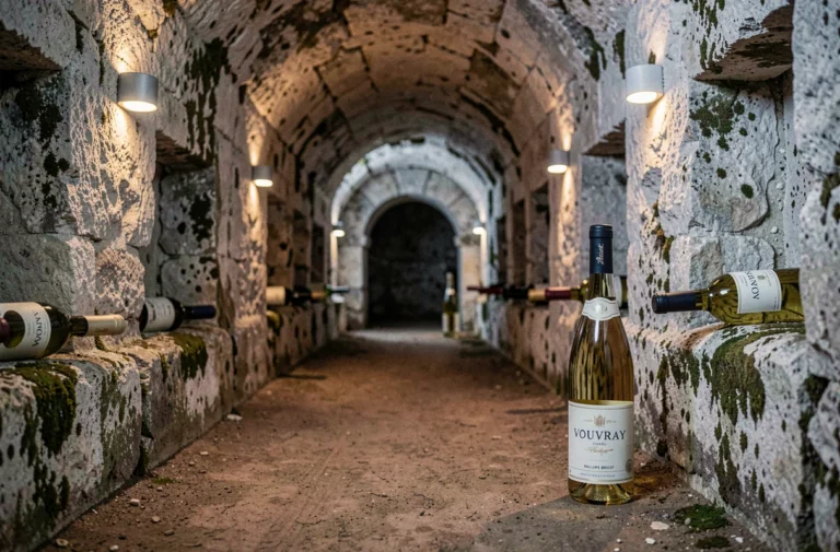 Cave troglodyte en tuffeau de la Loire avec bouteilles de Vouvray Philippe Bredif alignées dans des niches de pierre