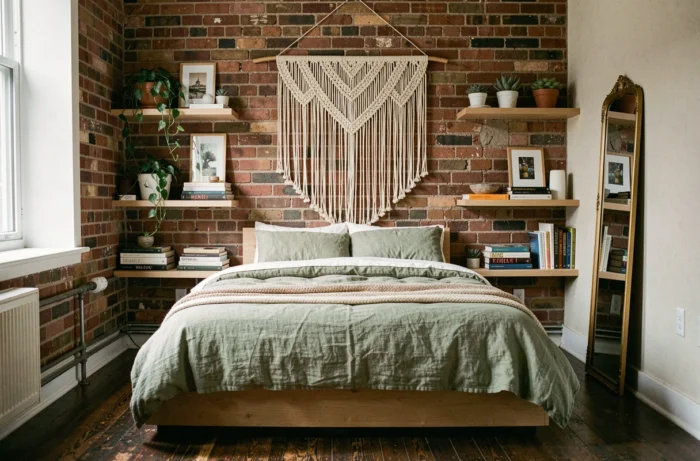 Chambre urbaine décorée avec une suspension en macramé, une literie en lin vert sauge et des étagères flottantes avec plantes et livres sur fond de brique apparente