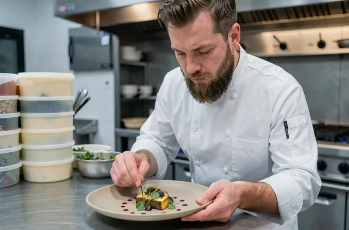 Chef cuisinier barbu en train de dresser une assiette gastronomique dans une cuisine de restaurant professionnelle