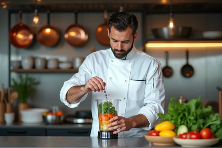 Chef professionnel versant des ingrédients dans un blender haut de gamme dans une cuisine de restaurant moderne