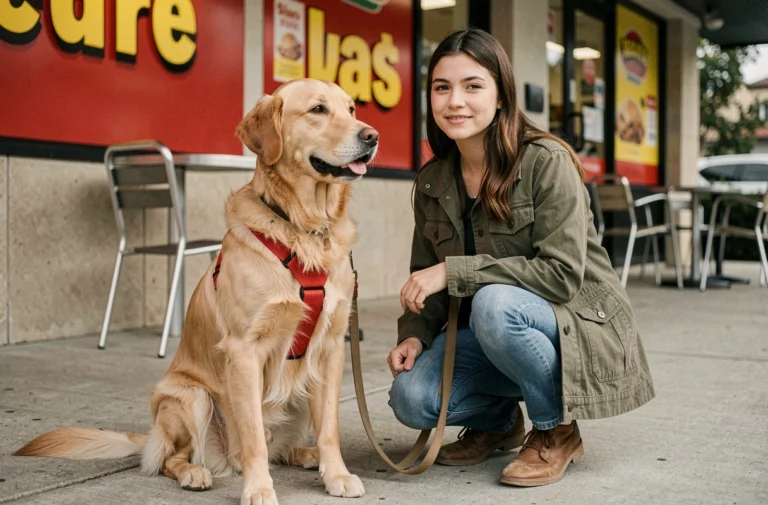 Jeune femme avec son golden retriever en laisse devant l'entrée d'un Burger King en terrasse