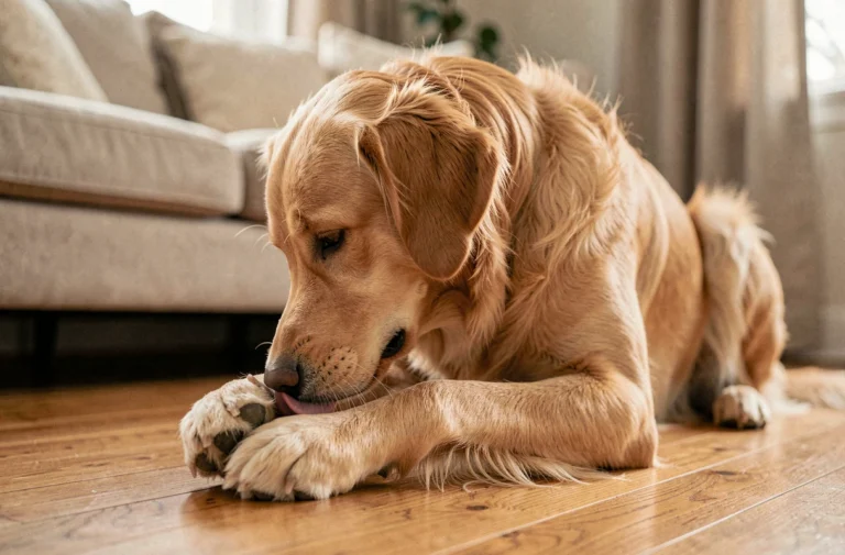 Chien golden retriever qui lèche son ergot sur un parquet en bois dans un salon chaleureux