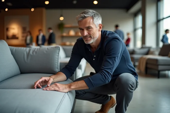 Homme évaluant la qualité d'un canapé modulable dans un showroom de mobilier moderne