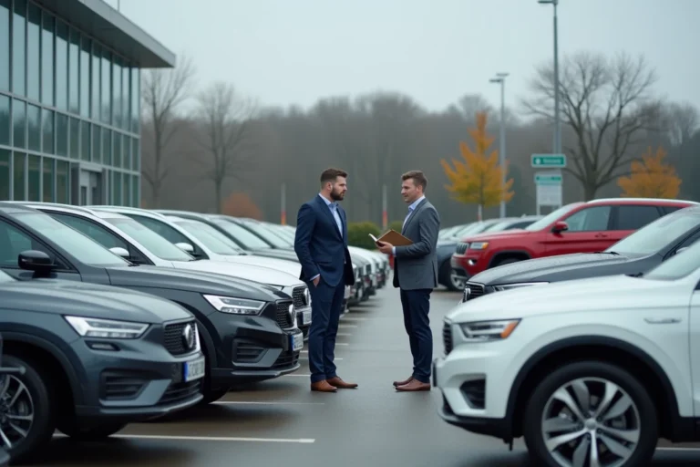 Client examinant plusieurs SUV d'occasion dans un parking de concession automobile moderne