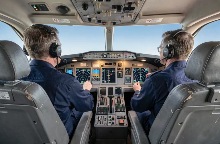 Deux pilotes dans un cockpit d'avion commercial moderne avec écrans avioniques numériques et ciel bleu visible par les fenêtres avant