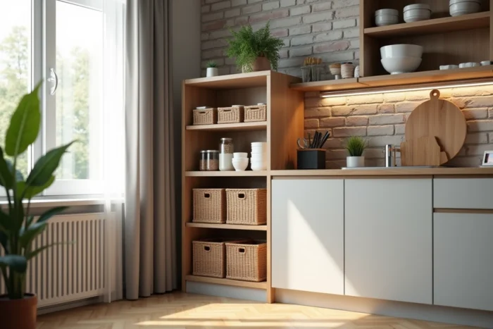 Coin cuisine Ikea avec unité KALLAX détournée en garde-manger, paniers en osier et solutions de rangement DIY économiques