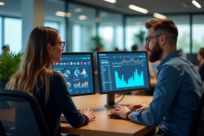 Two colleagues analyzing statistics and innovative features of a streaming platform in a corporate setting