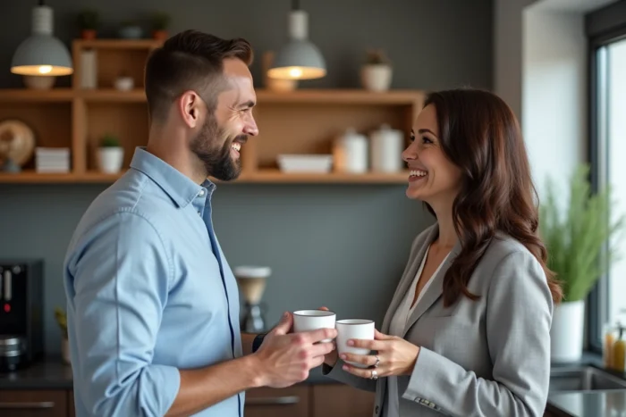 Deux collègues mariés partageant un café dans la salle de pause, alliance visible et regards complices évoquant une attirance
