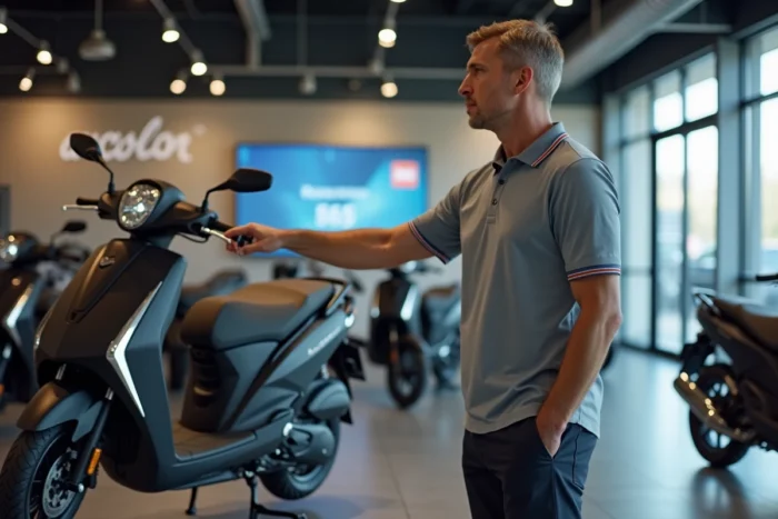 Concessionnaire présentant le prix du T-Max 750 dans une salle d'exposition de scooters premium