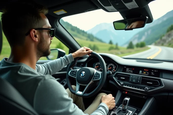 Conducteur passionné au volant d'une berline haute performance sur une route de montagne sinueuse