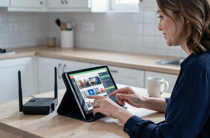 Femme configurant une application IPTV sur tablette Android avec un routeur 4G sans connexion WiFi