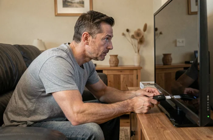 Homme connectant une clé IPTV en HDMI sur un téléviseur sans box ni WiFi dans un salon moderne
