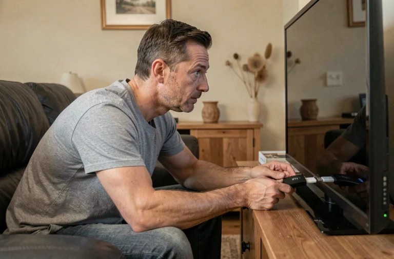 Homme connectant une clé IPTV en HDMI sur un téléviseur sans box ni WiFi dans un salon moderne