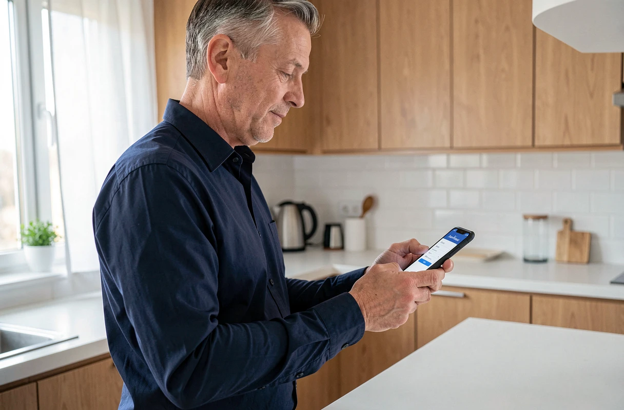 Homme consultant son espace bénéficiaire Logisfil sur smartphone dans une cuisine moderne