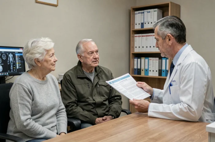 Couple de personnes âgées en consultation médicale discutant des effets secondaires d'une transfusion sanguine avec un médecin