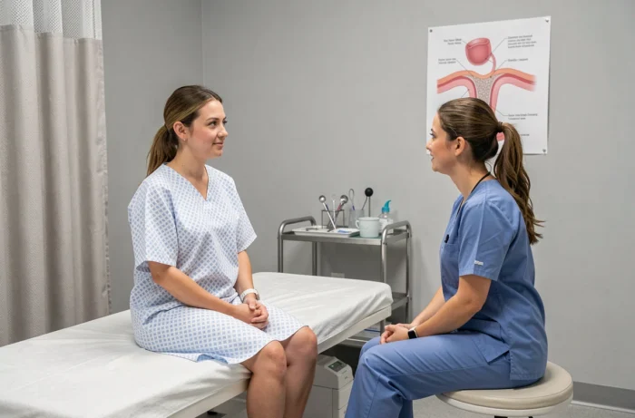 Patiente en consultation gynécologique discutant des options de traitement pour des lésions cervicales de haut grade