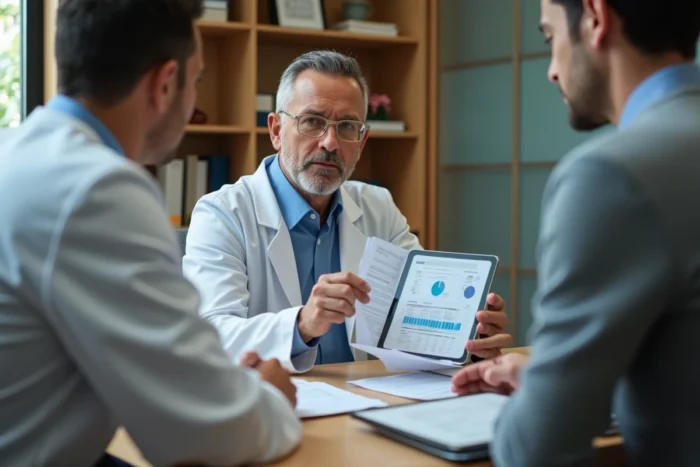 Médecin expliquant des résultats de bilan lipidique anormal à un patient en consultation