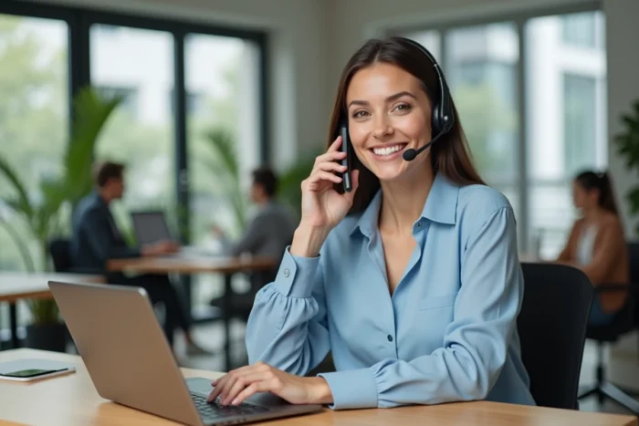 Femme souriante avec casque téléphonique au bureau d'une équipe de contact client professionnelle