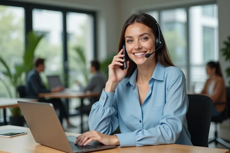 Femme souriante avec casque téléphonique au bureau d'une équipe de contact client professionnelle