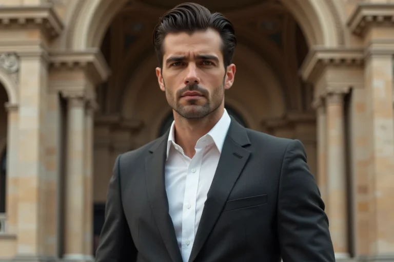 Homme élégant avec une coupe mafia italienne mi-long slick back, portant un costume sombre taillé sur mesure devant un palazzo milanais