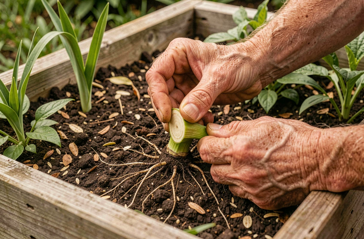 Gros plan sur des mains coupant une tige de lys au ras du sol dans un potager surélevé
