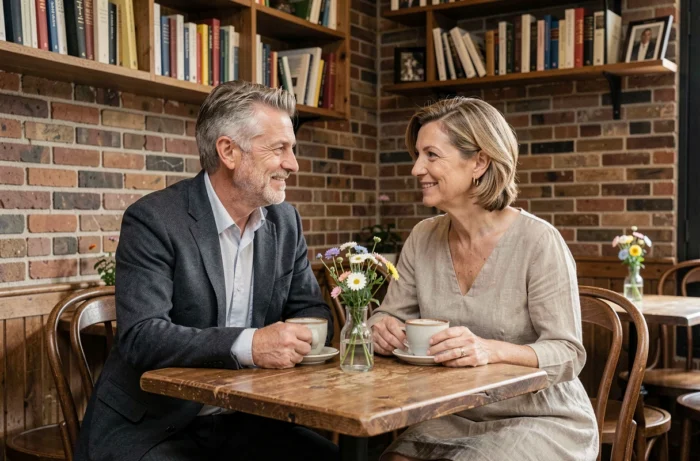 Couple élégant attablé dans un bistro parisien avec briques apparentes et décoration rustique, illustrant la vie de couple et familiale dans un article sur Philippe Gougler