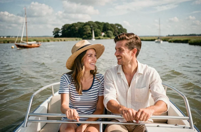 Couple en pédalo sur le golfe du Morbihan avec vue sur une île boisée