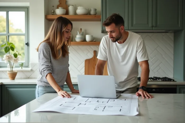 Couple planifiant l'aménagement et l'équipement de leur cuisine moderne autour d'un plan de travail en quartz